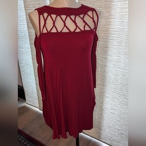 Poof! Burgundy Long Sleeve Dress with Lattice Neckline